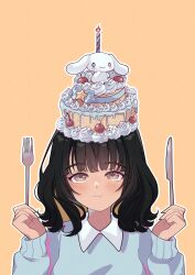 Rule 34 | 1girl, absurdres, black hair, blush, brown eyes, cake, candle, cherry, cinnamoroll, collared shirt, food, food on head, fork, fruit, highres, holding, holding fork, holding knife, isosceless, knife, long hair, long sleeves, looking up, object on head, original, sanrio, shirt, smile, solo, sweater, tan, yellow background