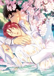 Rule 34 | 2boys, black hair, blue eyes, cherry blossoms, closed eyes, collarbone, collared shirt, free!, hair between eyes, hug, in water, looking at viewer, male focus, matsuo shin, matsuoka rin, multiple boys, nipples, open mouth, outdoors, pants, partially submerged, red hair, see-through, shirt, short hair, sleeping, tree shade, water, wet, wet clothes, white pants, white shirt, yamazaki sousuke, yaoi