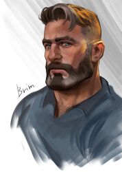 Rule 34 | 1boy, bara, beard, blue eyes, brimstone (valorant), brown hair, cropped shoulders, expressionless, eyebrow cut, facial hair, grey hair, highres, looking at viewer, male focus, mature male, old, old man, sasha shkret, short hair, solo, thick eyebrows, two-tone beard, valorant, wrinkled skin