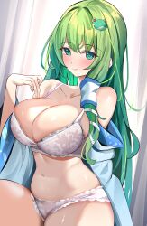 Rule 34 | 1girl, absurdres, blush, bra, breasts, cleavage, closed mouth, commentary request, curtains, detached sleeves, enishi96, frog hair ornament, green eyes, green hair, hair between eyes, hair ornament, hair tubes, highres, kochiya sanae, large breasts, long hair, looking at viewer, panties, smile, snake hair ornament, solo, touhou, underwear, white bra, white panties, wide sleeves