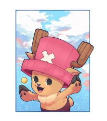 Rule 34 | 1boy, antlers, cloud, commentary, english commentary, hat, highres, horns, looking at viewer, male focus, ocean, one piece, pink hat, reindeer antlers, rottenmaru, sky, smile, solo, tony tony chopper