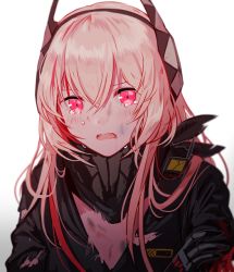 Rule 34 | 1girl, black jacket, crying, crying with eyes open, fangs, girls&#039; frontline, gloves, gradient background, hair between eyes, headgear, holding own arm, jacket, long hair, looking at viewer, m4 sopmod ii (girls&#039; frontline), multicolored hair, open mouth, pink hair, red eyes, red hair, scarf, sidelocks, silence girl, simple background, solo, streaked hair, tears, torn clothes, upper body