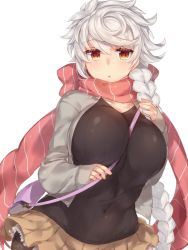 Rule 34 | 10s, 1girl, alternate costume, bad id, bad twitter id, bag, between breasts, breasts, brown eyes, brown skirt, grey jacket, handbag, impossible clothes, jacket, kantai collection, large breasts, long hair, long sleeves, looking at viewer, navel, open clothes, open jacket, open mouth, pokoten (pokoten718), ribbed sweater, scarf, silver hair, simple background, skirt, sleeves past wrists, solo, strap between breasts, sweater, unryuu (kancolle), very long hair, white background