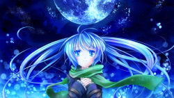 Rule 34 | 1girl, bad id, bad pixiv id, blue eyes, blue hair, floating hair, full moon, green scarf, hands on own chest, haruhi ayame, hatsune miku, long hair, matching hair/eyes, moon, night, night sky, scarf, sky, solo, twintails, vocaloid