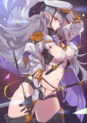 Rule 34 | belt, boots, braid, breasts, breasts out, cleft of venus, cloak, covered erect nipples, duplicate, gloves, grey hair, hand on headwear, hat, holding, holding pointer, jacket, knife, long hair, looking at viewer, military, military uniform, navel, no bra, no panties, open clothes, original, pointer, pointy ears, red eyes, see-through, short shorts, shorts, solo, sword, tajima ryuushi, uniform, weapon
