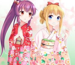 Rule 34 | 2girls, blonde hair, blue eyes, blush, bow, faubynet, grin, hair bow, hair ornament, hair up, hand on own hip, highres, japanese clothes, kimono, long hair, looking at another, looking at viewer, multiple girls, new year, pointing, pointing at self, ponytail, purple hair, red eyes, short hair, smile, sugiura ayano, toshinou kyouko, yuru yuri