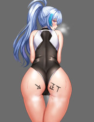 Rule 34 | 1girl, absurdres, ass, back turned, blush, body writing, bodysuit, cameltoe, ephnel, grey background, highres, leotard, long hair, looking at viewer, multicolored clothes, ponytail, purple eyes, silver hair, solo, soulworker, sweat, tally, tenma (0209), thighs