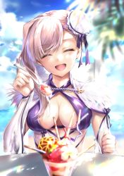 Rule 34 | 1girl, absurdres, asymmetrical hair, beach, blue sky, blush, breasts, bun cover, cleavage, criss-cross halter, fate/grand order, fate (series), food, fur collar, hair bun, halterneck, hane yuki, highres, ice cream, large breasts, long hair, miyamoto musashi (fate), miyamoto musashi (fate/grand order), miyamoto musashi (swimsuit berserker) (fate), miyamoto musashi (swimsuit berserker) (third ascension) (fate), one-piece swimsuit, open mouth, parfait, pink hair, pocky, purple one-piece swimsuit, side bun, single hair bun, single side bun, sky, smile, solo, spoon, sunlight, swept bangs, swimsuit, two-tone swimsuit, white one-piece swimsuit