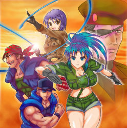 Rule 34 | 2girls, 3boys, bandana, blue hair, breasts, clark still, cleavage, crop top, eyepatch, gloves, hat, heidern, large breasts, leona heidern, midriff, multiple boys, multiple girls, navel, ralf jones, shiny skin, shirt, shorts, sleeves rolled up, snk, sunglasses, taut clothes, taut shirt, the king of fighters, whip, whip (kof), yonecchi
