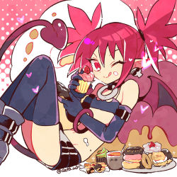 Rule 34 | 1girl, bare shoulders, bat wings, belt, belt boots, boots, bra, choker, collar, collarbone, demon tail, disgaea, earrings, eating, elbow gloves, etna (disgaea), flat chest, food, gloves, grey footwear, jewelry, knee boots, licking lips, looking at viewer, makai senki disgaea, miniskirt, o-ring, o-ring choker, one eye closed, open mouth, pointy ears, red eyes, red hair, red wings, sat0 u0, skirt, skull earrings, solo, tail, thigh boots, thighhighs, tongue, tongue out, twintails, twitter username, underwear, wings