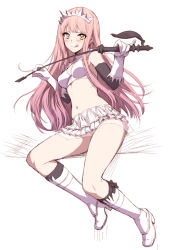 Rule 34 | 1girl, bare shoulders, blunt bangs, breasts, cleavage cutout, clothing cutout, crop top, crown, elbow gloves, fate/grand order, fate (series), full body, gloves, high heels, highres, holding, holding whip, licking lips, long hair, looking at viewer, medb (fate), medium breasts, miniskirt, pink hair, riding crop, skirt, sleeveless, solo, thighs, tiara, tongue, tongue out, whip, white gloves, white skirt, whoosaku, yellow eyes