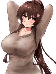 Rule 34 | 1girl, arms up, bad id, bad pixiv id, blush, breasts, brown eyes, brown hair, cherry blossoms, collarbone, flower, hair between eyes, hair flower, hair ornament, kantai collection, large breasts, long hair, long sleeves, miyako (miyako lplover), ponytail, ribbed sweater, simple background, solo, sweater, very long hair, white background, yamato (kancolle)