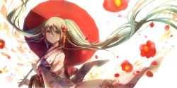 Rule 34 | 1girl, ahoge, blurry, blush, brown eyes, depth of field, floating hair, floral print, flower, from side, green hair, hair between eyes, hatsune miku, holding, holding umbrella, japanese clothes, kimono, long hair, looking at viewer, oil-paper umbrella, parted lips, petals, red flower, shadowsinking, solo, umbrella, very long hair, vocaloid, white kimono, wide sleeves