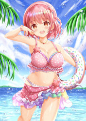 Rule 34 | 1girl, :d, bare arms, bare shoulders, bikini, blush, braid, breasts, brown eyes, cleavage, commentary request, day, feet out of frame, frilled bikini, frills, hair between eyes, hand up, highres, hoshizaki akari, innertube, looking at viewer, medium breasts, ongeki, open mouth, outdoors, palm tree, pink bikini, pink hair, polka dot, polka dot bikini, sarong, smile, solo, standing, starfish, swim ring, swimsuit, teeth, tree, upper teeth only, water, water drop, xenon (for achieve)