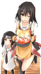Rule 34 | 10s, 2girls, bare shoulders, black hair, dress, food, grey eyes, hair ornament, hairclip, headband, heart, heterochromia, highres, if they mated, kantai collection, long hair, looking at viewer, mother and daughter, multiple girls, naruto, naruto (series), neckerchief, necktie, one-piece swimsuit, open mouth, oven mitts, pot, saku (kudrove), sendai (kancolle), sharingan, shrimp, smirk, standing, standing on one leg, stew, swimsuit, two side up, vegetable, white dress, aged down