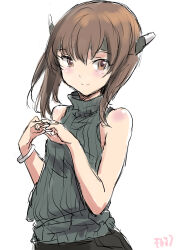 Rule 34 | 1girl, alternate costume, bracelet, brown eyes, brown hair, commentary request, fuji (pixiv24804665), grey sweater, headgear, highres, jewelry, kantai collection, short hair with long locks, simple background, sleeveless, sleeveless sweater, smile, solo, sweater, taihou (kancolle), turtleneck, upper body, white background