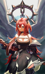 Rule 34 | 1girl, absurdres, arknights, black dress, chain, collar, demon girl, demon horns, dress, highres, holding, holding weapon, horns, long hair, looking at viewer, purple eyes, red hair, solo, spiked collar, spikes, surtr (arknights), sword, thighhighs, tsugu0302, weapon