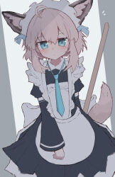 Rule 34 | 1girl, ahoge, alternate costume, animal ears, apron, arknights, arm behind back, black dress, blue eyes, blue necktie, blush, closed mouth, commentary, dress, dutch angle, enmaided, fox ears, fox girl, fox tail, highres, long sleeves, looking at viewer, loose necktie, maid, medium hair, nalphanne, necktie, pink hair, solo, sussurro (arknights), tail, white apron