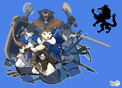 Rule 34 | :o, absurdres, armello, armor, arrow (projectile), axe, blue background, bow (weapon), chainmail, colored sclera, dual wielding, fangs, furry, furry male, heterochromia, highres, holding, holding shield, holding sword, holding weapon, komoking, polearm, purple eyes, sharp teeth, shield, simple background, sword, teeth, weapon, wolf, yellow sclera