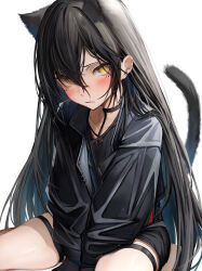 Rule 34 | 1girl, absurdres, animal ears, arknights, black choker, black hair, black jacket, black shorts, blush, cat ears, cat tail, choker, commentary request, dagda (arknights), ear piercing, hair between eyes, highres, jacket, leather, leather jacket, long hair, looking at viewer, parted lips, piercing, short shorts, shorts, simple background, solo, tab head, tail, thigh strap, tsurime, very long hair, white background, yellow eyes