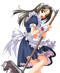 Rule 34 | 1girl, :d, apron, blue dress, bonnet, brown eyes, brown hair, dress, frilled apron, frills, from side, long hair, looking at viewer, maid, maid apron, maid headdress, mop, murakami suigun, open mouth, parted bangs, puffy short sleeves, puffy sleeves, short sleeves, silver hair, simple background, smile, solo, white background, wrist cuffs, wristband