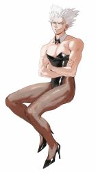 Rule 34 | 1boy, absurdres, alternate costume, bare arms, bare shoulders, black footwear, black leotard, bow, bowtie, collarbone, crossdressing, crossed arms, detached collar, dudlesnoodles, fishnet pantyhose, fishnets, full body, garou (one-punch man), grey hair, grin, high heels, highres, invisible chair, leotard, looking at viewer, male focus, male playboy bunny, muscular, muscular male, one-punch man, pantyhose, pectorals, pointy hair, simple background, sitting, smile, solo, strapless, strapless leotard, symbol-only commentary, tan, tanline, teeth, white background, yellow eyes