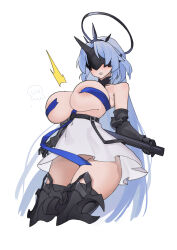 Rule 34 | 1girl, ^^^, alsace (azur lane), areola slip, armored legwear, artist logo, azur lane, bare shoulders, belt, between breasts, black belt, black gloves, black thighhighs, black tiara, blue hair, breast strap, breastless clothes, breasts, commentary request, convenient censoring, covered eyes, detached collar, dress, eye mask, gauntlets, gloves, hair ornament, halo, halo behind head, highres, holding, holding staff, large breasts, long hair, no pants, parted bangs, parted lips, ribbon, sidelocks, simple background, skindentation, solo, staff, strap between breasts, sweat, thighhighs, tiara, underbust, uusquid, very long hair, virgosdf, wardrobe malfunction, white background, white dress