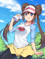 Rule 34 | 1girl, :q, absurdres, black pantyhose, blue eyes, breasts, bright pupils, brown hair, closed mouth, cloud, collarbone, commentary request, commission, creatures (company), day, drinking straw, game freak, hand up, highres, holding, kokuyouseki, long hair, looking down, nintendo, outdoors, pantyhose, pokemon, pokemon bw2, raglan sleeves, rosa (pokemon), shirt, short shorts, shorts, skeb commission, sky, sleeves past elbows, smile, solo, tongue, tongue out, twintails, visor cap, white pupils, yellow shorts
