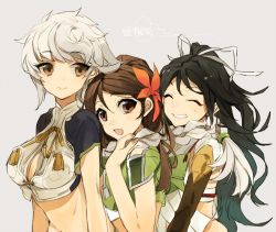 Rule 34 | 10s, 3girls, amagi (kancolle), bare shoulders, black hair, braid, breasts, brown eyes, brown hair, cleavage, cleavage cutout, closed eyes, clothing cutout, cloud print, crop top, flower, girl sandwich, grin, hair between eyes, hair flower, hair ornament, hair over shoulder, hita (hitapita), kantai collection, katsuragi (kancolle), light smile, long hair, looking at another, messy hair, midriff, multiple girls, open mouth, ponytail, sandwiched, short sleeves, silver hair, single braid, smile, unryuu (kancolle), upper body