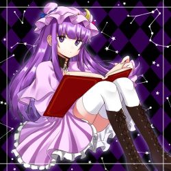 Rule 34 | argyle, argyle background, argyle clothes, artist request, bad id, bad pixiv id, book, boots, brown footwear, constellation, cross-laced footwear, expressionless, frilled skirt, frills, holding, holding book, knee boots, lace-up boots, long hair, looking at viewer, moon (ornament), neck corset, patchouli knowledge, pink headwear, pink shirt, pink skirt, purple eyes, purple hair, shirt, sitting, skirt, solo, thighhighs, thighhighs under boots, touhou, white thighhighs
