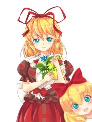 Rule 34 | 1girl, bad id, bad pixiv id, blonde hair, blouse, blue eyes, blurry, bouquet, bow, depth of field, flower, hair bow, hair ribbon, hugging object, looking at viewer, medicine melancholy, photobomb, puffy short sleeves, puffy sleeves, ribbon, shirt, short hair, short sleeves, simple background, skirt, smile, solo, su-san, touhou, white background, x&amp;x&amp;x