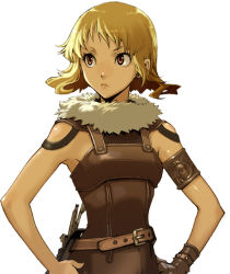 Rule 34 | 1girl, armband, belt, blonde hair, breasts, enami katsumi, eyelashes, fantasy, frown, gloves, hand on own hip, leather, overalls, simple background, small breasts, solo, white background