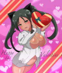 Rule 34 | 1girl, absurdres, alternate breast size, animal ears, black hair, blue panties, blush, box, breasts, cat ears, cat tail, commentary request, cursive, english text, fang, francesca lucchini, gift, gift box, green eyes, half-closed eyes, happy valentine, head tilt, heart, heart-shaped box, heart-shaped pupils, heart background, highres, holding, holding gift, italian text, jacket, large breasts, long hair, looking at viewer, navel, no pants, open clothes, open jacket, panties, partial commentary, purple background, solo, standing, strike witches, striped clothes, striped panties, symbol-shaped pupils, tail, tan, twintails, twitter username, underwear, valentine, wanwan 0301, white jacket, world witches series