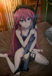 Rule 34 | 10s, 1girl, absurdres, asami lilith, barefoot, beret, blue eyes, braid, feet, gun, hair between eyes, hat, highres, light smile, long hair, long legs, looking at viewer, nude, nyantype, hugging object, official art, on bed, red hair, rifle, scan, side braid, sitting, sniper rifle, solo, toes, trinity seven, very long hair, wariza, weapon