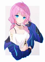 Rule 34 | 1girl, ahoge, arknights, bare shoulders, black choker, blue eyes, blue jacket, blue nails, blue poison (arknights), bra strap, breasts, bright pupils, choker, cleavage, closed mouth, collarbone, crop top, cropped torso, highres, jacket, long hair, long sleeves, looking at viewer, low twintails, nail polish, off shoulder, open clothes, open jacket, osage (8545675), pink hair, sleeves past wrists, small breasts, solo, twintails, two-tone background