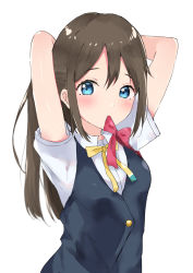 Rule 34 | 1girl, absurdres, adjusting hair, aqua eyes, aqua shirt, artist name, artist request, black vest, blue eyes, blush, bow, breasts, brown hair, buttons, closed mouth, collared shirt, female focus, fixing hair, hair between eyes, hair bow, highres, long hair, looking at viewer, love live!, love live! nijigasaki high school idol club, mouth hold, nijigasaki school uniform, osaka shizuku, parted lips, ponytail, red bow, ribbon, school uniform, shirt, short sleeves, small breasts, smile, solo, sweater vest, upper body, vest, white background, white shirt, yellow buttons, yellow neckwear, yellow ribbon