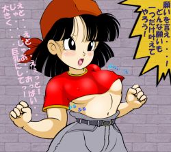 Rule 34 | 1990s (style), 1girl, bandana, belt, black hair, blush, bouncing, breasts, clothes lift, dragon ball, dragon ball gt, female focus, lupus, pan (dragon ball), retro artstyle, shirt lift, small breasts, solo, translation request