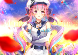 Rule 34 | 1girl, anchor symbol, belt, beret, black belt, blue bow, blue hair, blue sailor collar, blush, bow, braid, breasts, character name, commentary request, dress, elbow gloves, field, flower, flower field, gloves, hair bow, hand up, hat, hololive, long hair, looking at viewer, medium breasts, minato aqua, multicolored hair, outdoors, parted lips, pilokey, pink flower, pink hair, pink rose, purple eyes, purple flower, rose, sailor collar, sailor dress, sleeveless, sleeveless dress, solo, sunset, twintails, two-tone hair, very long hair, virtual youtuber, white dress, white gloves, white hat