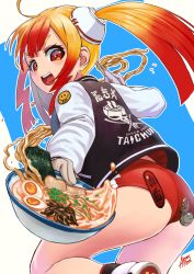 Rule 34 | 1girl, abazu-red, ahoge, artist name, ass, black jacket, bowl, buruma, cantonese text, chopsticks, commentary request, egg, egg (food), food, from behind, gloves, grey gloves, hair ornament, holding, holding bowl, holding chopsticks, jacket, jiujiuzi (ramen rider), leaning forward, leg up, letterman jacket, long hair, looking at viewer, looking back, medium hair, noodles, open mouth, orange eyes, orange hair, panties, print panties, ramen, ramen rider, red buruma, shoes, signature, smile, sneakers, solo, standing, standing on one leg, twintails, underwear, white footwear
