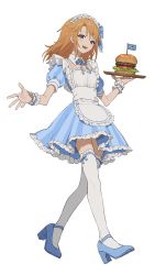 Rule 34 | 1girl, alternate costume, apron, blue bow, blue bowtie, blue dress, blue footwear, bow, bowtie, breasts, brown eyes, burger, commentary, detached collar, dress, enmaided, flag, food, frilled apron, frilled skirt, frills, full body, hair bow, hand up, highres, holding, holding tray, idolmaster, idolmaster cinderella girls, leg ribbon, legs, light oooo, looking at viewer, maid, maid apron, maid headdress, medium hair, open mouth, orange hair, puffy short sleeves, puffy sleeves, ribbon, shoes, short sleeves, skirt, small breasts, smile, solo, striped clothes, striped dress, symbol-only commentary, teeth, thigh ribbon, thighhighs, thighs, tray, upper teeth only, vertical-striped clothes, vertical-striped dress, walking, white apron, white background, white thighhighs, wrist cuffs, yuuki haru, zettai ryouiki
