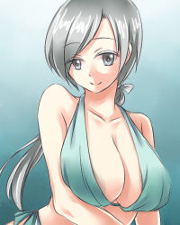 Rule 34 | 10s, 1girl, breasts, chitose (kancolle), cleavage, female focus, gradient background, grey eyes, grey hair, kantai collection, large breasts, lowres, nekoyanagi reo, smile, solo, swimsuit