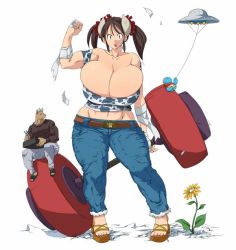Rule 34 | 1boy, 1girl, barbell, belt, breasts, brown hair, cleavage, cow girl, curvy, flower, gigantic breasts, hataraki ari, horns, kite, looking at viewer, minotaur, muscular, original, sandals, simple background, standing, sukimi, thick thighs, thighs, twintails, ufo, white background, wide hips