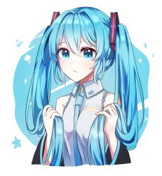 Rule 34 | 1girl, absurdres, black sleeves, blue eyes, blue hair, blue necktie, closed mouth, collared shirt, cropped torso, detached sleeves, hair between eyes, hair ornament, hatsune miku, highres, holding, holding own hair, ille (xcpa7325), long hair, long sleeves, necktie, shirt, sleeveless, sleeveless shirt, solo, twintails, upper body, very long hair, vocaloid, white background, white shirt, wing collar