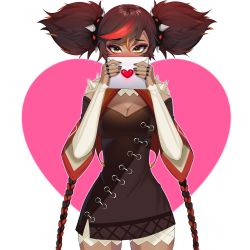 Rule 34 | 1girl, absurdres, black dress, blush, breasts, brown eyes, brown hair, cleavage, covering own mouth, dark-skinned female, dark skin, dress, envelope, full-face blush, genshin impact, hairband, heart, highres, jewelry, large breasts, letter, love letter, multicolored hair, multiple rings, nail polish, red hair, ring, short dress, sofit, solo, spiked hairband, spikes, streaked hair, twintails, two-tone hair, valentine, white background, xinyan (genshin impact)