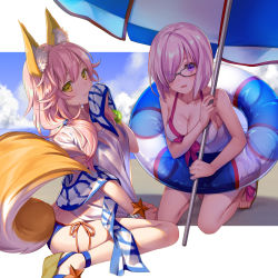 Rule 34 | 10s, 2girls, animal ears, beach, bikini, bikini under clothes, black-framed eyewear, blue bikini, blue sky, bracelet, breasts, casual one-piece swimsuit, character name, cleavage, closed mouth, cloud, collarbone, commentary request, day, elbow gloves, eyes visible through hair, fate/extra, fate/grand order, fate (series), fox ears, fox tail, geroro, glasses, gloves, hair over one eye, hair tie, halterneck, highres, holding, innertube, jewelry, kneeling, looking at viewer, mash kyrielight, mash kyrielight (swimsuit of perpetual summer), medium breasts, monochrome, multiple girls, official alternate costume, one-piece swimsuit, outdoors, outside border, parasol, pink hair, purple eyes, sandals, see-through, shirt, shorts, side-tie bikini bottom, sitting, sky, starfish, swim ring, swimsuit, tail, tamamo (fate), tamamo no mae (fate/extra), tamamo no mae (swimsuit lancer) (fate), tamamo no mae (swimsuit lancer) (second ascension) (fate), transparent, umbrella, wariza, white one-piece swimsuit, white shirt, yellow eyes