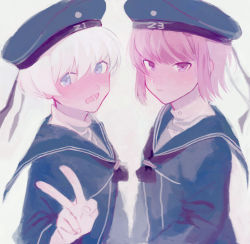 Rule 34 | 2girls, blue dress, blue eyes, blue headwear, blue sailor collar, blush, brown hair, closed mouth, clothes writing, dress, grey background, hat, kantai collection, kumofuki, multiple girls, open mouth, purple eyes, sailor collar, sailor dress, sailor hat, short hair, simple background, upper body, v, white hair, z1 leberecht maass (kancolle), z3 max schultz (kancolle)