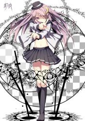 Rule 34 | 1girl, alternate costume, black socks, checkered background, circle, crescent, crescent hair ornament, female focus, foreshortening, gingami, hair ornament, hat, midriff, navel, one eye closed, patchouli knowledge, pleated skirt, purple eyes, purple hair, samegami, shirt, skirt, socks, solo, standing, tiles, touhou, wink
