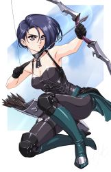 Rule 34 | 1girl, arrow (projectile), bare arms, bare shoulders, black choker, black gloves, black pants, black shirt, blue footwear, blue hair, boots, bow (weapon), breasts, choker, cleavage, commentary, fire emblem, fire emblem: three houses, gloves, hair between eyes, high heel boots, high heels, highres, holding, holding bow (weapon), holding weapon, large breasts, leggings, medium breasts, nintendo, pants, purple eyes, quiver, shamir nevrand, shirt, short hair, sirknightbot, solo, weapon