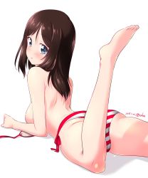 Rule 34 | 1girl, arm support, back, barefoot, bikini, blue eyes, blush, commentary, dated, from behind, girls und panzer, highres, kuzuryuu kennosuke, leg up, legs, long hair, looking at viewer, looking back, lying, megumi (girls und panzer), on stomach, one-hour drawing challenge, parted lips, red bikini, shadow, side-tie bikini bottom, simple background, solo, striped bikini, striped clothes, swept bangs, swimsuit, twitter username, untied bikini, white background