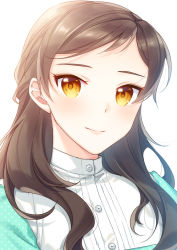 Rule 34 | 1girl, brown hair, closed mouth, dress shirt, hair over shoulder, idolmaster, idolmaster million live!, kitazawa shiho, long hair, looking at viewer, portrait, shirt, simple background, smile, solo, touon, white background, white shirt, yellow eyes